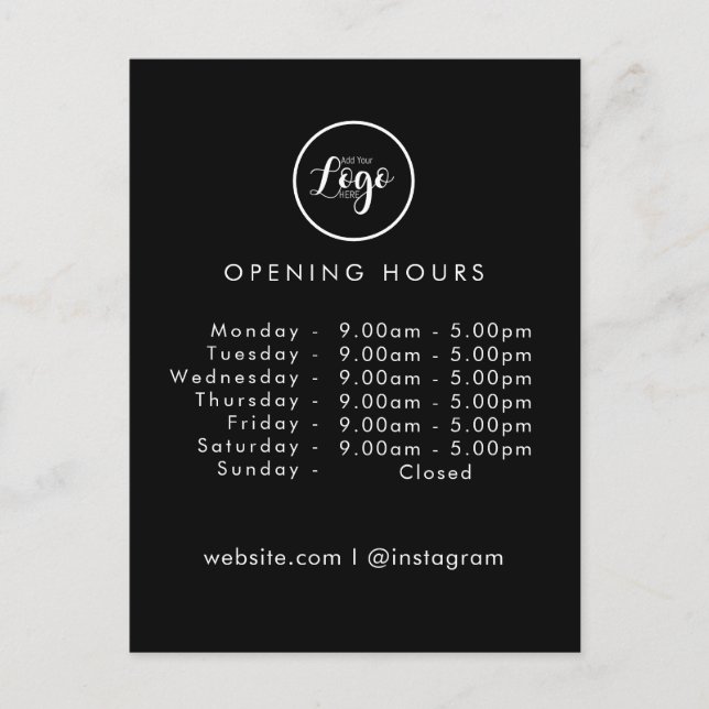 Opening Times | Business Logo Opening Hours Black  Postcard (Front)