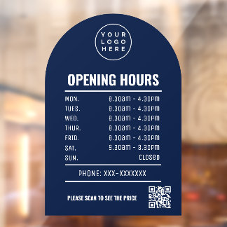 Opening Times With Qr Code Logo And Navy Blue Arch