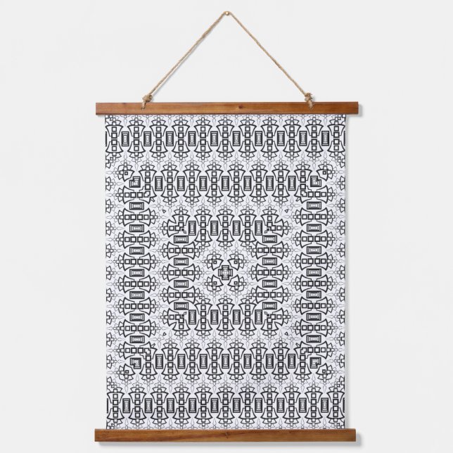 Openwork squares art deco retro black white hanging tapestry (Front)