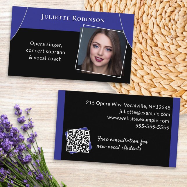 Opera Singer Singing Teacher Musician QR Code Business Card (A stylish business card for an opera singer, with custom QR code, photo and contact details)