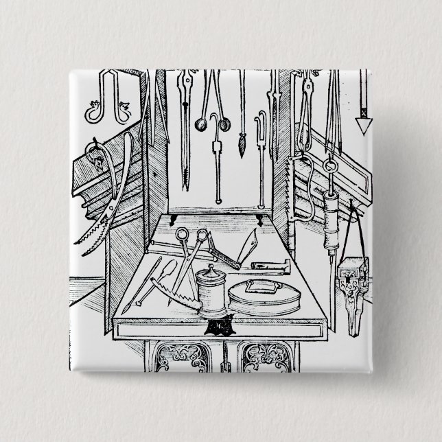 Operating table and surgical instruments, from 'Da 15 Cm Square Badge (Front)