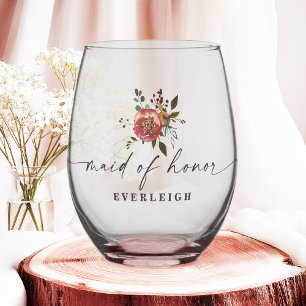 Ophelia Cottage Dusty Pink Floral Maid of Honour Stemless Wine Glass