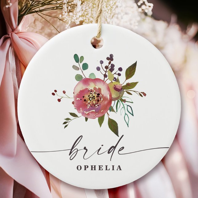 Ophelia Cottagecore Dusty Pink Floral Bride Ceramic Tree Decoration (Say "I DO" to Romantic Watercolor Florals and a Cottagecore Vibe with the Ophelia Wedding Suite.)