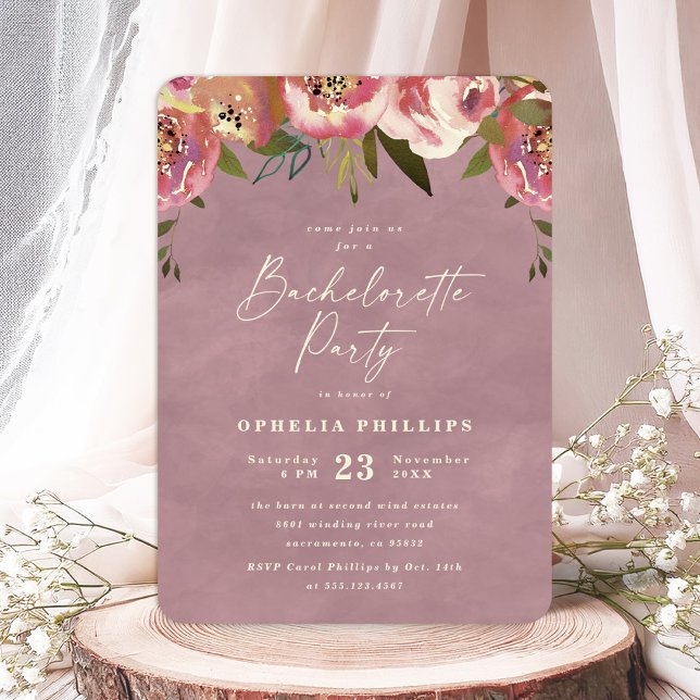 Ophelia Dusty Pink Floral Bachelorette Party Invitation (Say "I DO" to Romantic Watercolor Florals and a Cottagecore Vibe with the Ophelia Wedding Suite.)