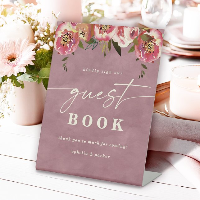 Ophelia Dusty Pink Floral Guest Book Wedding Pedestal Sign (Say "I DO" to Romantic Watercolor Florals and a Cottagecore Vibe with the Ophelia Wedding Suite.)