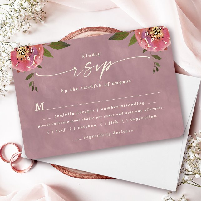 Ophelia Dusty Pink Wedding Meal Choice RSVP Card (Say "I DO" to Romantic Watercolor Florals and a Cottagecore Vibe with the Ophelia Wedding Suite.)