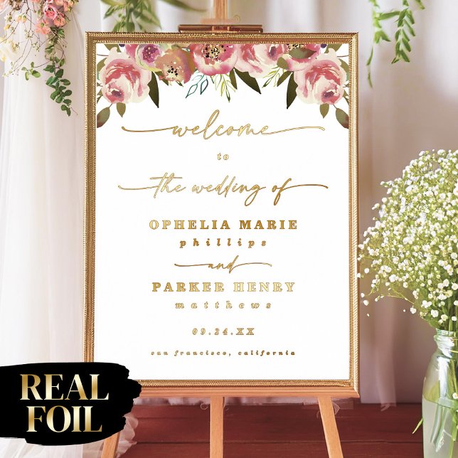 Ophelia Elegant Floral Weddiing Welcome Real Gold Foil Prints (Say "I DO" to Romantic Watercolor Florals and a Cottagecore Vibe with the Ophelia Wedding Suite.)