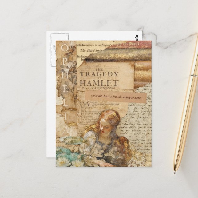 Ophelia Mixed Media Collage Postcard (Front/Back In Situ)