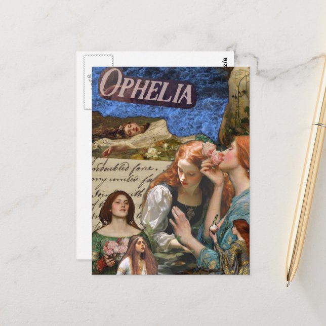 Ophelia Mixed Media Collage Postcard (Front/Back In Situ)