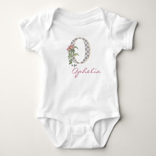 Ophelia Name Reveal Floral Letter O Girl Flower Baby Bodysuit (Front)