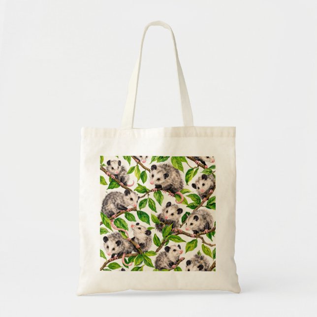 Opossum and Green Leaf Pattern Tote Bag (Front)