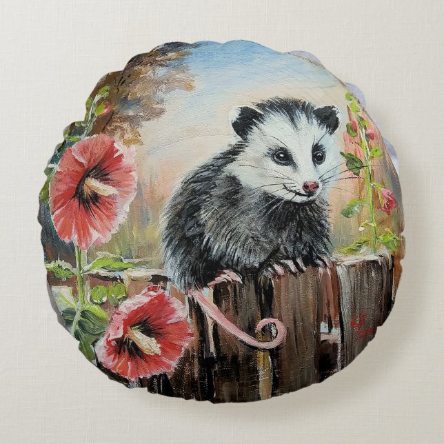 Opossum and hollyhocks Round Throw Pillow (Front)