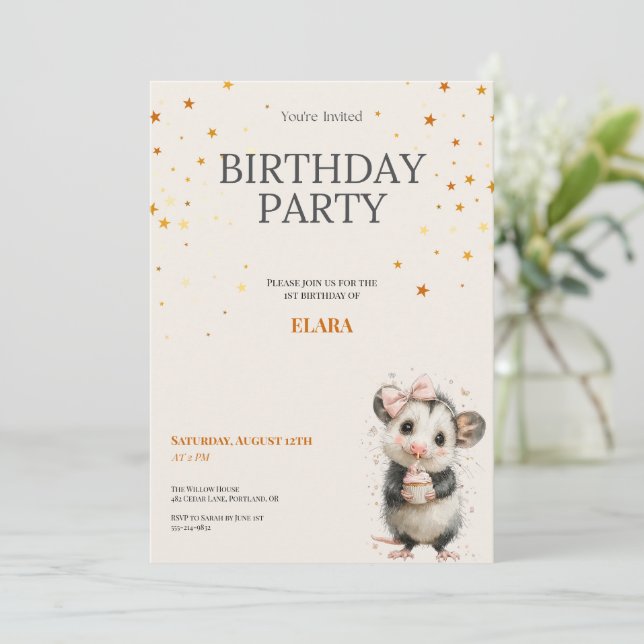 Opossum Birthday Invitation • Woodland Party Theme (Standing Front)