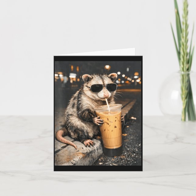 Opossum Drinking Iced Coffee Funny Animal Meme Men Card (Front)