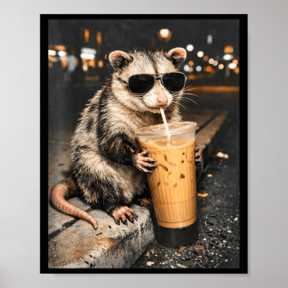 Opossum Drinking Iced Coffee Funny Animal Meme Men Poster