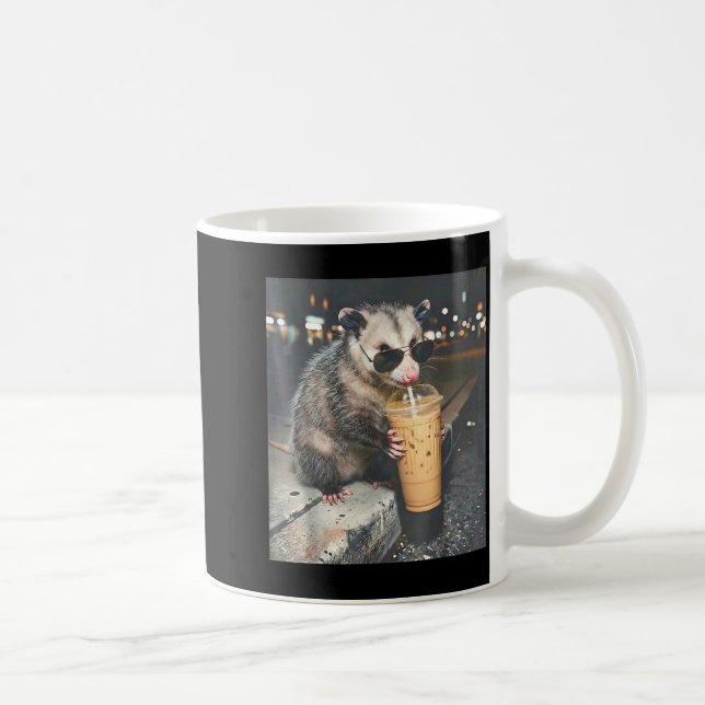 Opossum drinking iced coffee funny animal meme mug (Right)
