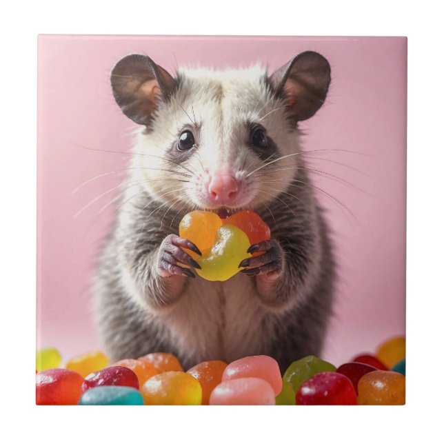 Opossum Eating Gummy Sweeties  Tile (Front)