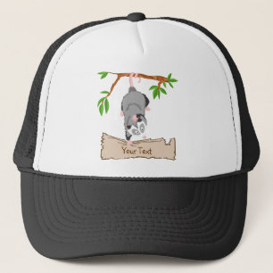 Opossum with sign trucker hat