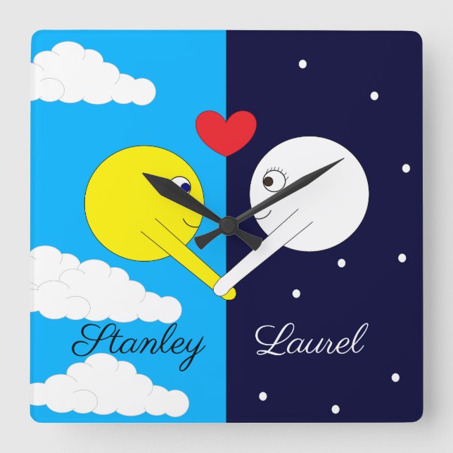Opposites Attract:  Sun & Moon in Love Square Wall Clock (Front)