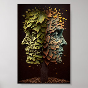 Optical Illusion Tree Faces With Leaves Blowing Poster