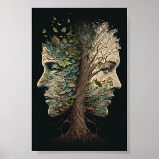 Optical Illusion Tree Faces With Leaves Blowing Poster