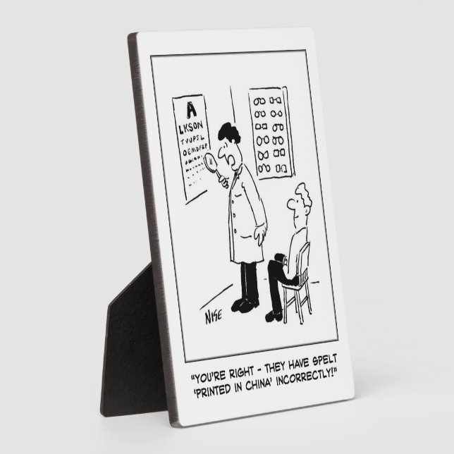 Optician giving an eye-test. Funny Plaque (Side)