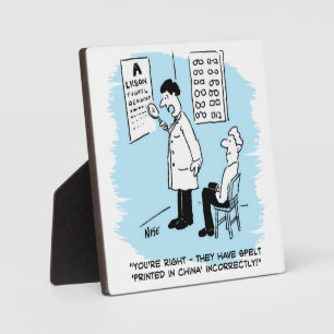 Optician giving an eye-test  plaque