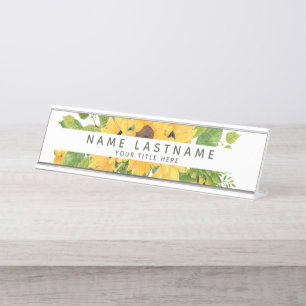 Optimistic Sunflowers Title White Custom Desk Name Plate