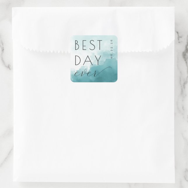 Optimistic Teal Watercolor Waves Square Sticker (Bag)