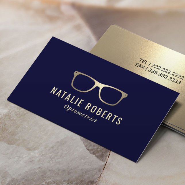 Optometrist Modern Eyewear Eye Glasses Navy Gold Business Card (Creator Uploaded)