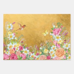 Opulence Gold Floral Hummingbird Wrapping Paper Sheet