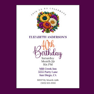 Opulent Autumn Flower Bouquet 40th Birthday Invitation