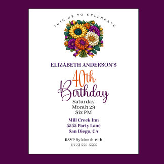 Opulent Autumn Flower Bouquet 40th Birthday Invitation