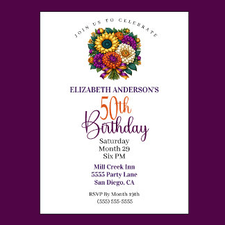 Opulent Autumn Flower Bouquet 50th Birthday Invitation