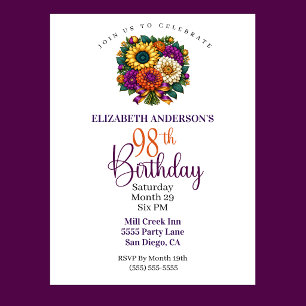 Opulent Autumn Flower Bouquet 98th Birthday Invitation