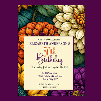 Opulent Autumn Flowers 50th Birthday Invitation