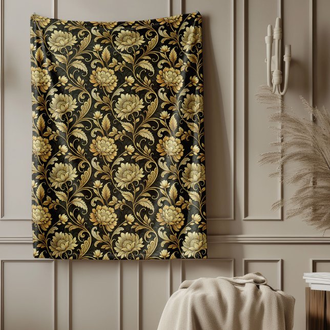 Opulent Baroque Blanket in Black and Gold Damask (Opulent Baroque Blanket in Black and Gold Damask)