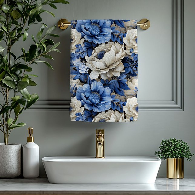 Opulent Blue and Ivory Flowers Bath Towel (Opulent Blue and Ivory Flowers Bath Towel)