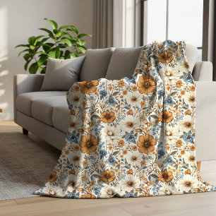 Opulent Blue Ivory Floral Boho Powder Blue Cosy Sherpa Blanket