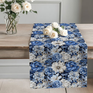 Opulent blue ivory floral elegant dining decor  long table runner