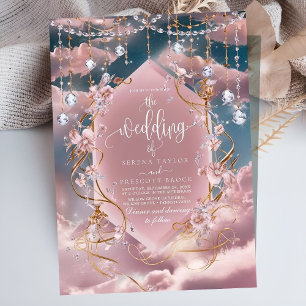 Opulent Blue Pink Clouds Calligraphy Wedding Invitation