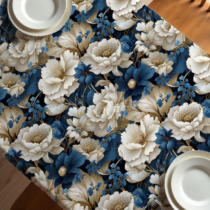 Opulent Blue White Ivory Floral Dining Tablecloth