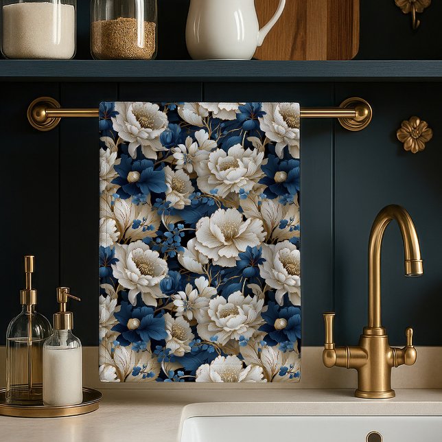 Opulent Blue White Ivory Floral Kitchen Towel  (Opulent Blue White Ivory Floral Kitchen Towel Cloth)