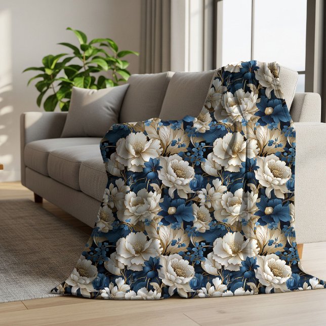 Opulent Blue White Ivory Floral Soft Sherpa Blanke Blanket (Opulent Blue White Ivory Floral Soft Sherpa Blanket)