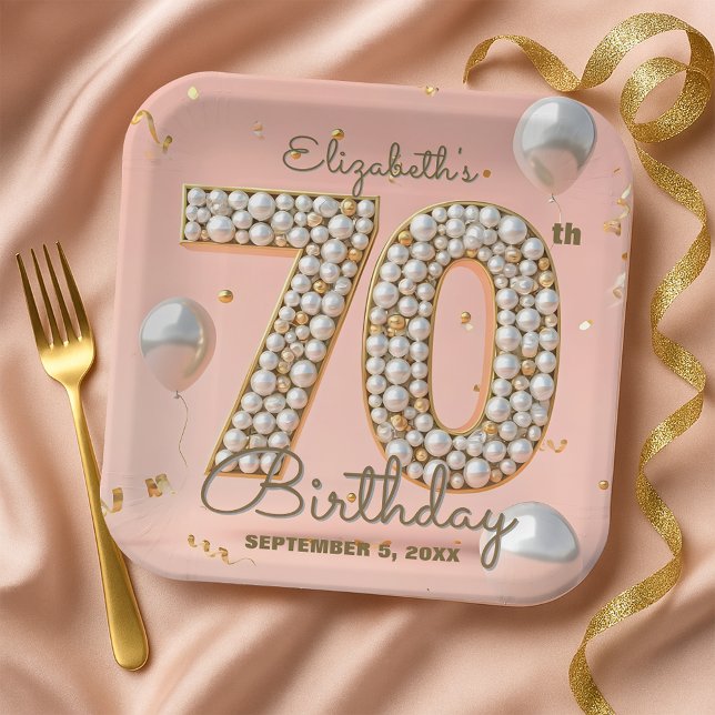 Opulent Blush Pink Gold Pearl Mosaic 70th Birthday Paper Plate (Creator Uploaded)