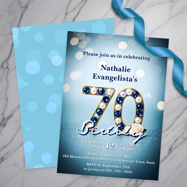Opulent Chic Blue Jewels and Pearls 70th Birthday Invitation (Creator Uploaded)