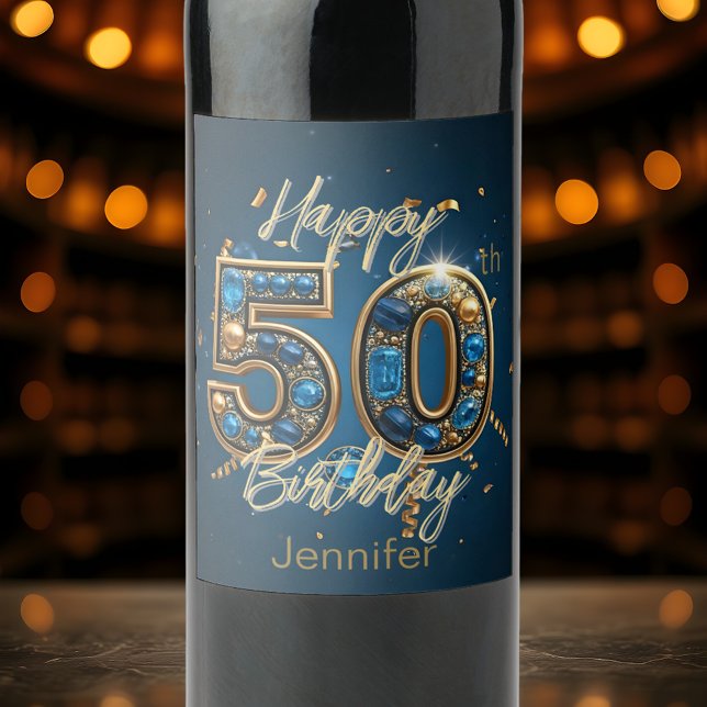 Opulent Chic Gold and Blue Gemstone 50th Birthday Wine Label (Creator Uploaded)