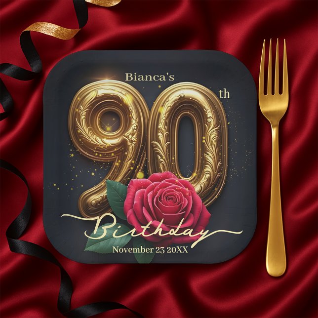 Opulent Chic Red Rose Ornate Golden 90th Birthday Paper Plate (Creator Uploaded)
