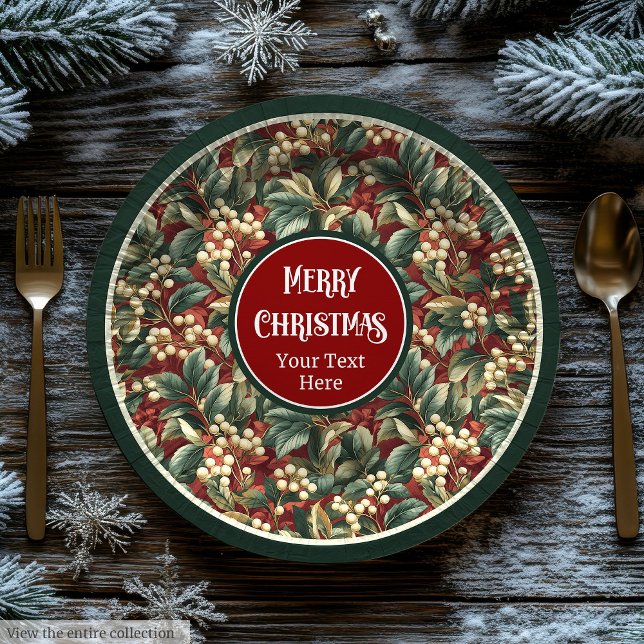 Opulent Christmas holly berries greenery muted Paper Plate (Opulent Christmas holly berries greenery muted Paper Plates)