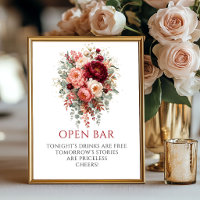Opulent Deep Red Boho Floral Open Bar 8x10 Sign